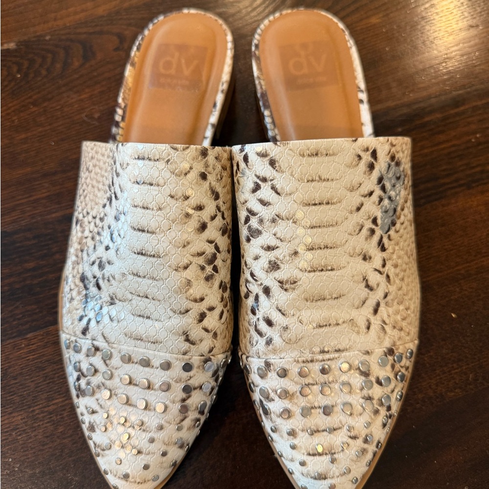DV by Dolce Vita Cream and Gray Mules with Metallic Accents